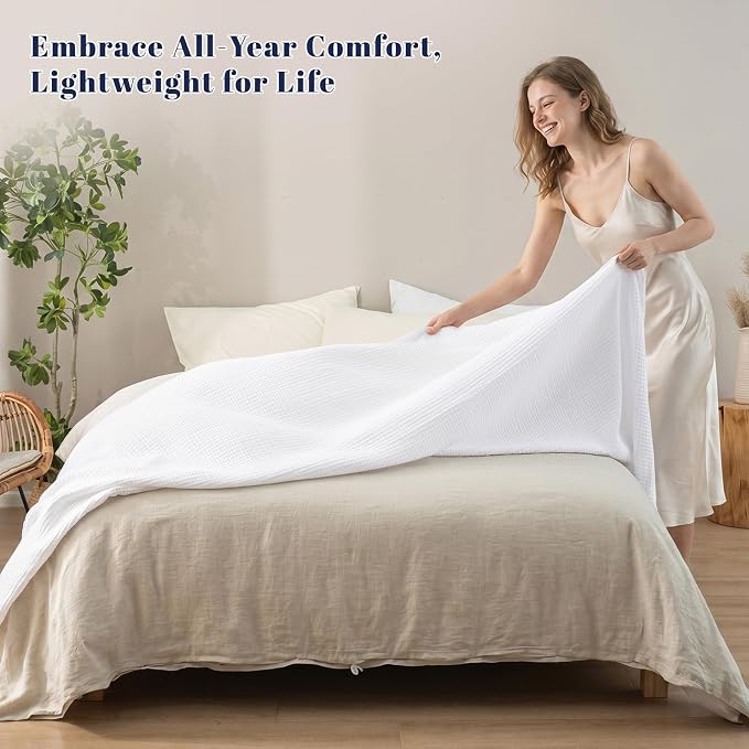 PHF 100% Cotton Muslin Blanket King Size 108"x90", 4-Layer Lightweight Gauze Throw, Breathable Cloud-Soft Minimalist Blanket for Bed, Couch, Camping & Baby, White, Ideal Gift