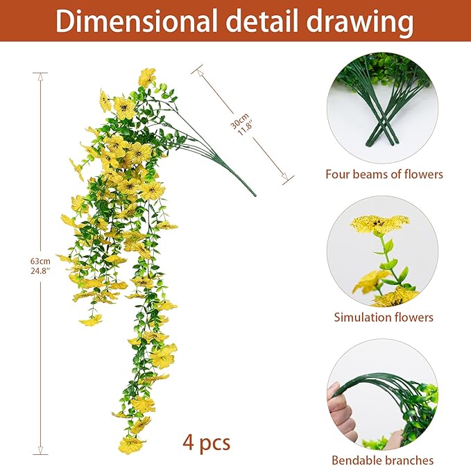 LikSoor 4 Pcs Artificial Outdoor Hanging Plants Spring Summer Decoration UV Resistant Faux Silk Flowers for Outside, Garden, Porch, Window, Home Decor (Yellow)