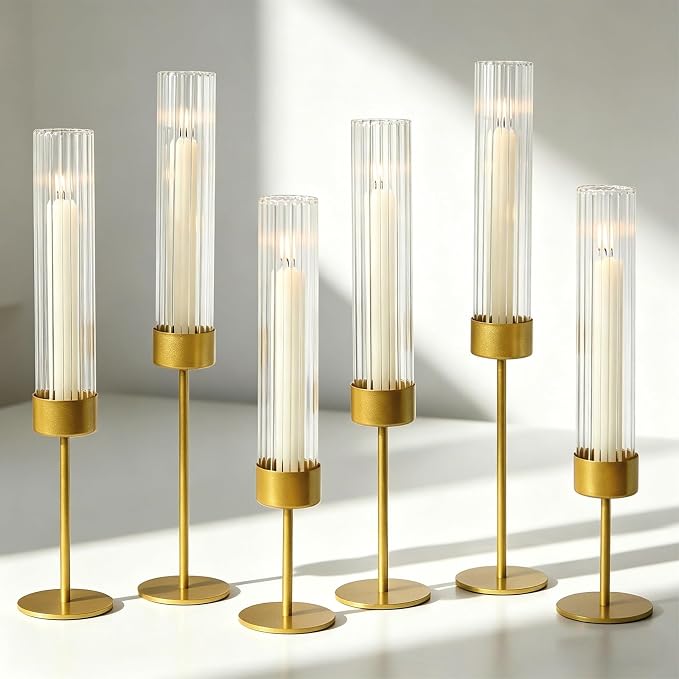 Etolies Gold Glass Hurricane Taper Candle Holders Bulk Set of 6 - Tall Ribbed Glass Cylinder Candlestick Holders for Wedding, Christmas, Party Table Centerpiece Decor,Dining Table,Housewarming Gifts