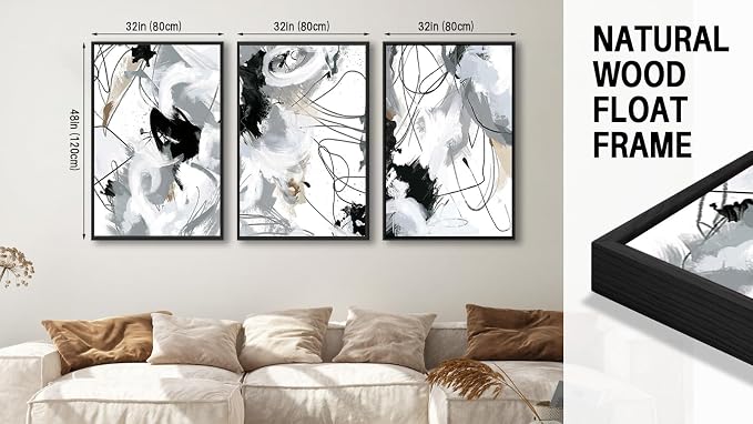 ASDCEUTICALS Large Framed Wall Art - Natural Framed Abstract Canvas Pictures for Living Room Modern Canvas Prints for Bedroom, Black Float Framed Art for Home Office Kitchen Decor 32" X 48" X 3pcs