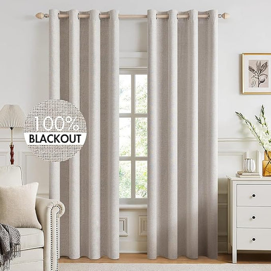 MIULEE 100% Blackout Linen Textured Curtains for Bedroom Solid Thermal Insulated Ivory Grommet Room Darkening Curtains & Drapes Luxury Decor for Living Room Nursery 52 x 92 Inch (2 Panels)