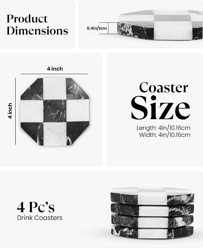 Marble Coasters Set of 4, Zebra Black & White Handmade 4 inch Star Checkered Stone Coaster, Drink Coasters for Living Room, Trendy Office Desk Accessories & Home Décor