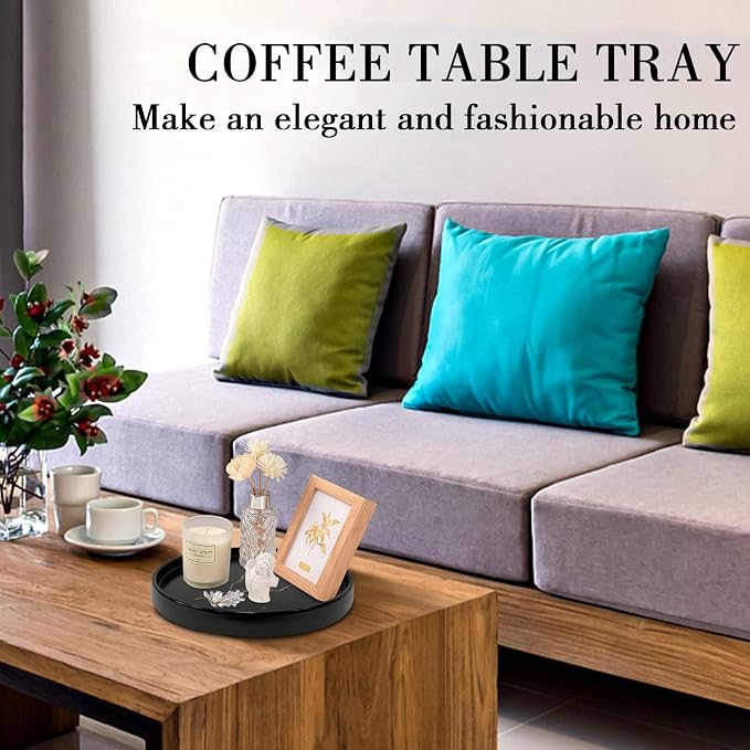 Black Round Marble Bathroom Sink Vanity Tray, Coffee Table Stone Tray, Soap Dish for Kitchen Counter (Black, 8 in)