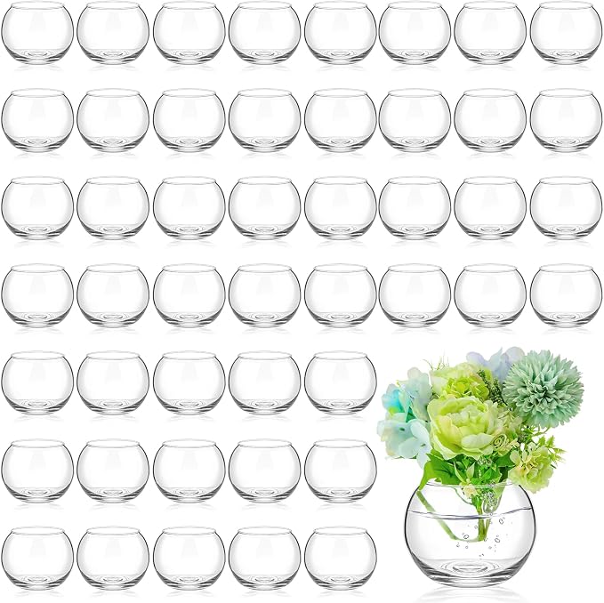 48 Pcs Glass Bubble Bowl Vase Bulk, Clear Round Glass Centerpiece Bowls for Valentine's Wedding Table Decor, Fish Flower Bud Vase Terrarium for Event Party DIY (3.5" h X 4.7" w)