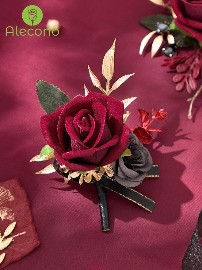 Alecono Boutonniere for Men, Set of 2 Burgundy and Black Boutonniere for Wedding Groom Bridegroom, Artificial Flowers for Prom Graduation Ceremony Anniversary