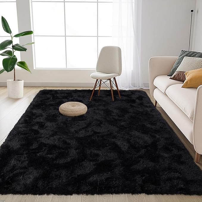 FinRèc Soft Black Rugs for Bedroom Living Room, 3x5 Feet Modern Indoor Fluffy Shaggy Area Rug, Non-Slip Fuzzy Furry Rug for Nursery Kids Room Dorm Room Home Decor, High Pile Plush Floor Carpet