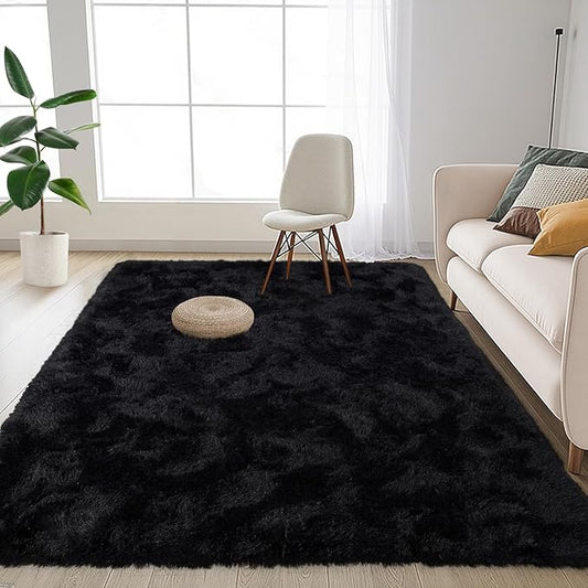 FinRèc Soft Black Rugs for Bedroom Living Room, 3x5 Feet Modern Indoor Fluffy Shaggy Area Rug, Non-Slip Fuzzy Furry Rug for Nursery Kids Room Dorm Room Home Decor, High Pile Plush Floor Carpet