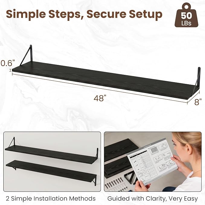 Vivelove Black Deep Floating Shelves for Wall, 48W x 8D Wood Wall Shelves Set of 3, Wide Floating Bookshelf for Living Room, Kitchen, Office, Bedroom and Decor Storage, with Metal Bracket - Black