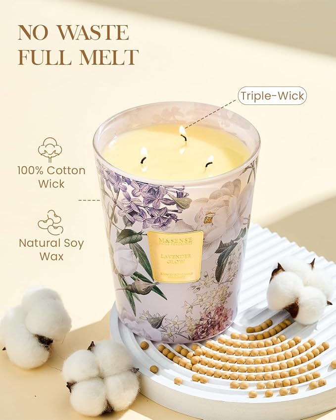 M&SENSE Lavender Glow Soy Candle, 35oz 3-Wick, Sleep Calming Aromatherapy | 150H Slow Burn, Non-Toxic, Large Jar, Bedroom Spa Night, Bathtub, Sleep, Stress Relief Scent
