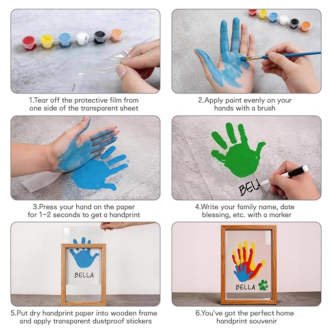 Family Handprint Kit, DIY Keepsake Frame with Wooden Frame, Non-Toxic Paints, Transparent Sheets, Baby Handprint Kit, Family Craft Gift for New Parents,Mothers Day, Fathers Day
