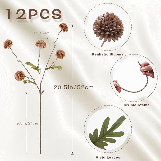 12Pcs Fake Kiku Flowers, Artificial Small Chrysanthemum Balls with Stems, Faux Silk Mini Pompon Mums for Vase Floral Arrangement DIY Bouquets Wedding Party Table Centerpieces Home Decor (No Vase)