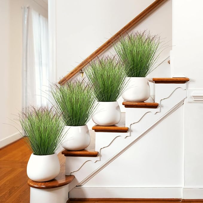 48Pcs Artificial Grass Plants Outdoor Faux Shrubs Wheat Grass Green Onion Grass Artificial Greenery Tall Stems for Indoor Outdoor Office Home Decor（Green Red Tail）