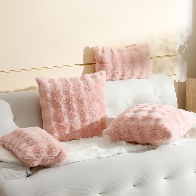 linmopm Super Soft Fluffy Faux Fur Sheepskin Rugs 2x6 ft Sheepskin, White+Faux Rabbit Fur Bubbles Pack of 2 Throw Pillow Covers Pink 18x18 Inch