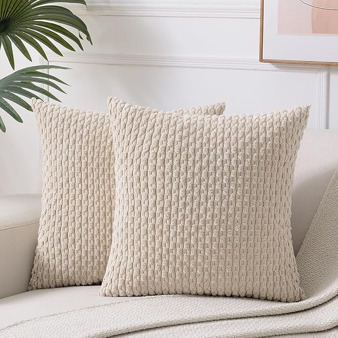 Fancy Homi 2 Packs Tan Decorative Throw Pillow Covers 16x16 Inch for Couch Bed Sofa, Modern Farmhouse Boho Home Decor, Soft Cute Plush Corduroy Tan Cushion Case 40x40 CM