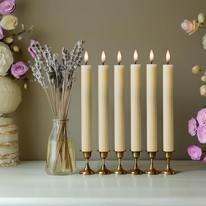 6 Pack, 10" LED Flameless Real Wax Ivory Fluted Ribbed Grooved Taper Candles, Remote & 24h Timer Memory, On/Off Button, Dimmable, Flicker Mode, Battery Operated, Wedding