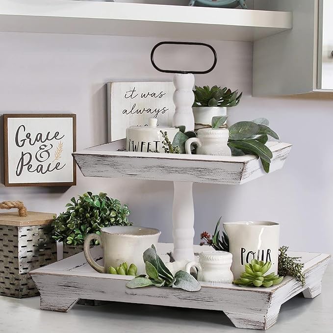 Farmhouse 2 Tiered Tray Stand for Home Decor, Wooden Serving Tiered Tray for Coffee Bar Table Centerpiece, Decorative Trays Kit for Countryside, Round Rustic Stand for Cake Cupcake (Washing White)