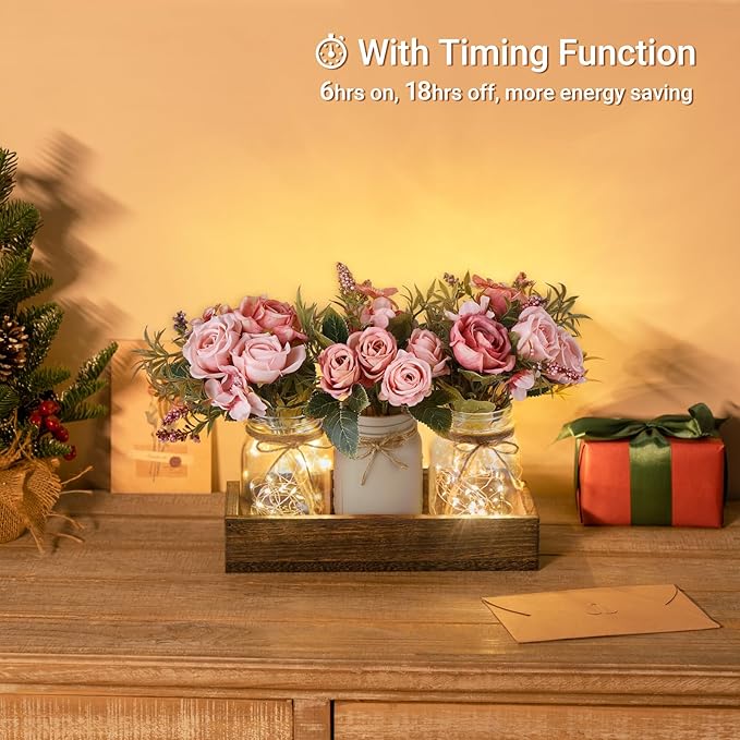 Mkono Mason Jar Lights Centerpiece Table Decorations For Dining Room Farmhouse Table Decor Tray With 3 Jars Flowers Arrangement Valentines Day Decor For Kitchen Living Room Wedding, Pink