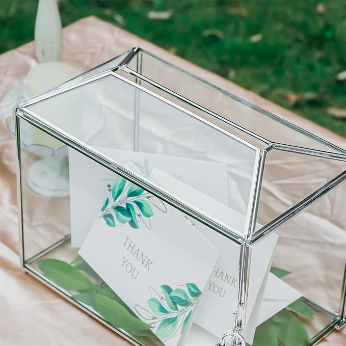 NCYP Small 10.2 x 5.9 x 7.9 Inches Silver Glass Cards Box with Slot and Lock for Wedding, Birthday Party - Geometric Card Holder, Home Decorative, Slot Length 6.3'' (Glass Box Only)