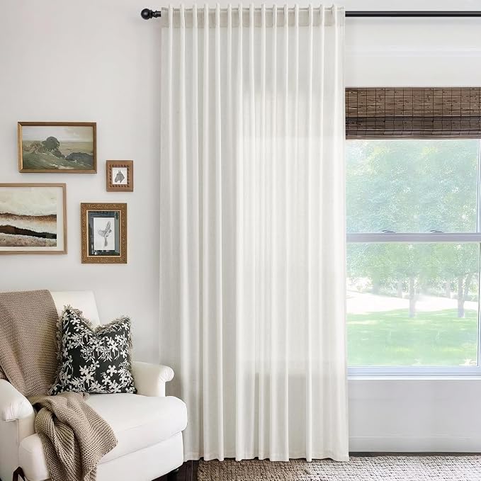 Jowels 100 Inch Extra Wide Natural Linen Curtains 84 Inch Long 1 Panel | Ivory Light Filtering Sheer Curtain,Back Tab Pocket Pleated Look,Modern Farmhouse Textured Privacy Drapes for Living Room