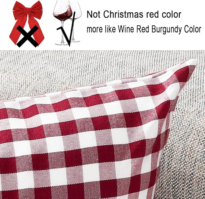 CARRIE HOME Red Plaid Throw Pillow Covers 18 x 18 Set of 2 Burgundy Gingham Pillow Covers 18x18 Christmas Decor for Bedroom