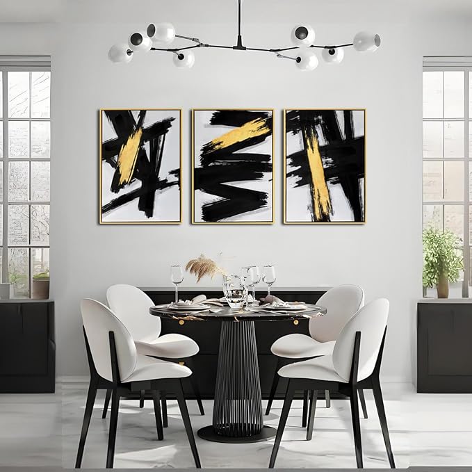 Sofoney - Gold Framed Black and Gold Abstract Canvas Wall Art Prints 3D Textured Black Brushstrokes Painting with Gold Foil, Modern Home Decor for Living Room Bedroom Office - 16"x24"x 3 Piece
