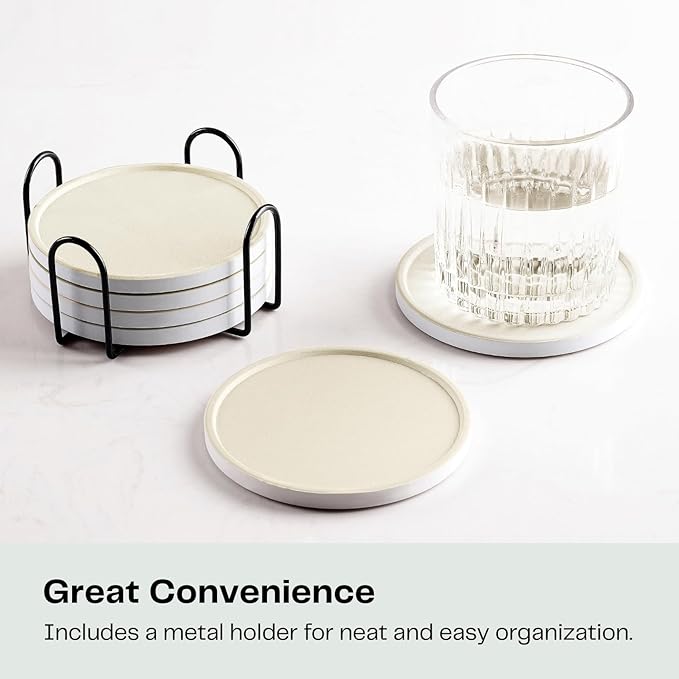 Set of 6 Beige Coasters with Holder, Absorbent Ceramic Drink Coasters with Cork Backing for Table Protection, Table Decor, Housewarming Gifts
