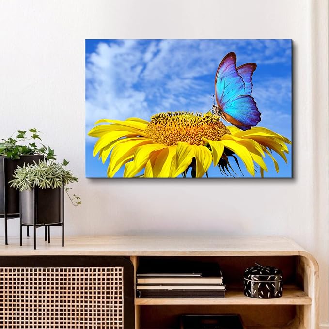 Sunflower Wall Art Bathroom Decor Blue Butterfly Canvas Pictures for Bedroom Sunflower Wall Decor Floral Posters Living Room Kitchen Home Decoration Yellow Sunshine Flower Painting Modern Artwork
