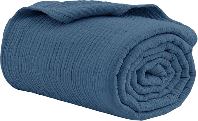 100% Cotton Muslin Throw XL Blanket (50" x 70") – A Luxuriously Soft, 4-Layer Lightweight and Breathable Gauze Blanket, Perfect for Year-Round use on beds, couches (Pacific Blue, Throw XL)