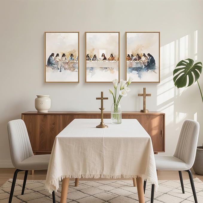 Large Watercolor Jesus Last Supper Scene Framed Canvas Wall Art Set,Jesus and Twelve Apostles Wall Decor,Christmas Religious Bible Story Artwork for Living Room,Bedroom,Church-24 x36 x3