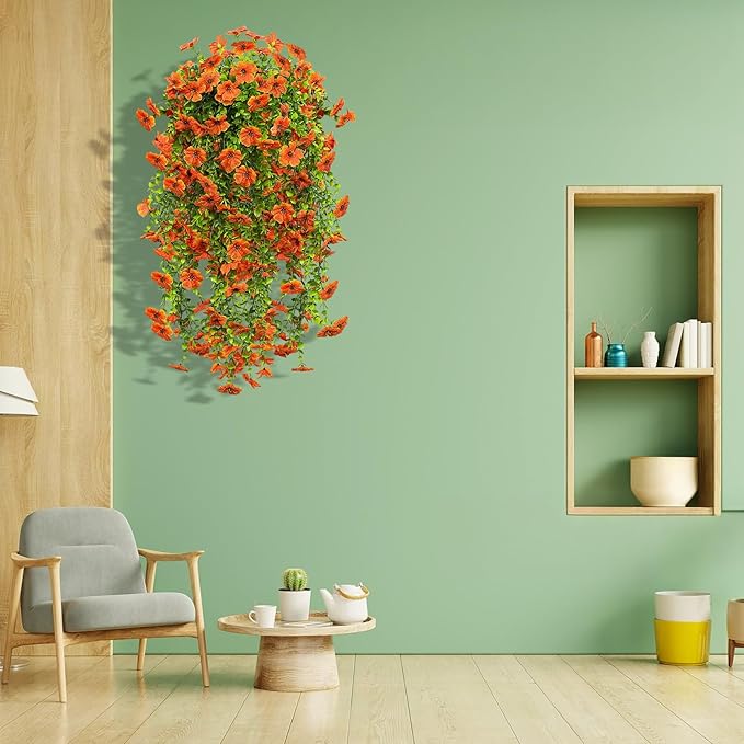 LikSoor 4 Pcs Artificial Outdoor Hanging Plants Fall Decoration UV Resistant Faux Silk Flowers for Outside, Garden, Porch, Window, Home Decor(Orange)