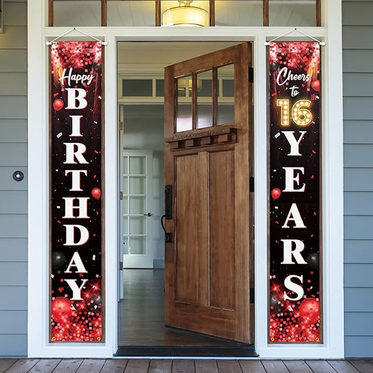 Happy 16th Birthday Porch Sign Door Banner Decor Red and Black – Glitter Cheers to 16 Years Old Birthday Party Theme Decorations for Boys Girls Supplies