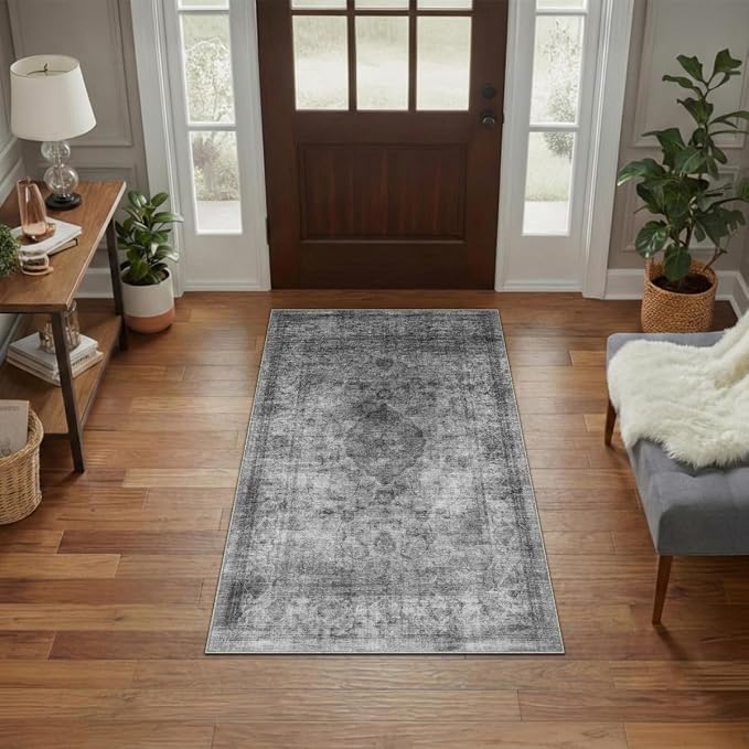 Homemate Washable Rug 4x6 Area Rugs - Vintage Faux Wool Rugs for Living Room Bedroom Dining Room - Non Slip Foldable Carpet Indoor Area Rug for Home Decor（4'x6', Black