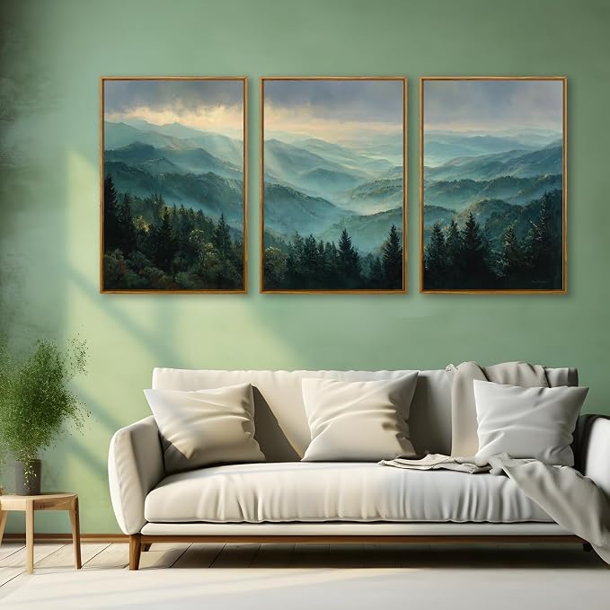 QTUSYUR Sage Green Mountain Wall Art - Large Farmed Pine Forest Landscape Art Print - Abstract Nature Adventure Artwork for Farmhouse Bedroom Living Room- Misty Mountains Triptych Decor 16”×24”×3