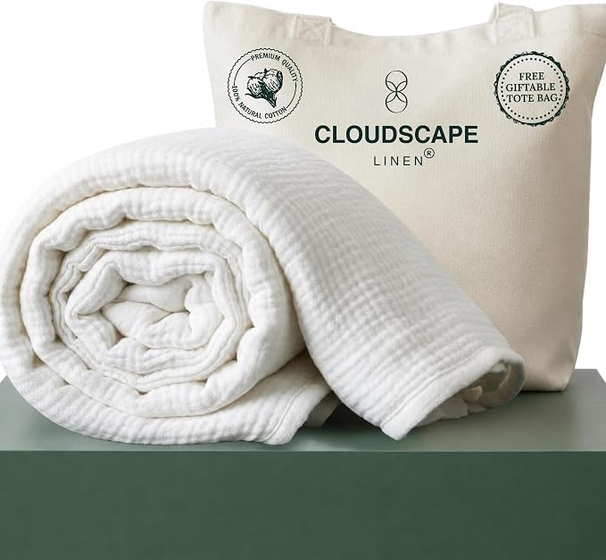 CLOUDSCAPE 4 Layer Muslin Blanket for Adults - 100% Cotton Blanket Queen Size Bedding, 92"x92" Fits Upto Full Size Bed, All-Season Lightweight Gauze Soft, Breathable Layering Summer Blankets - White