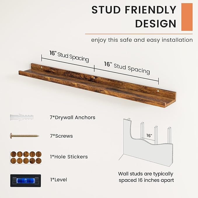 FLYJOE Picture Ledge Shelf, Floating Shelves Set of 2, 40 Inches Nursery Book Shelves for Toys Storage, Kids Bookshelf Wall Mounted for Living Room Bedroom Decor Books Photo Frames, Rustic Brown