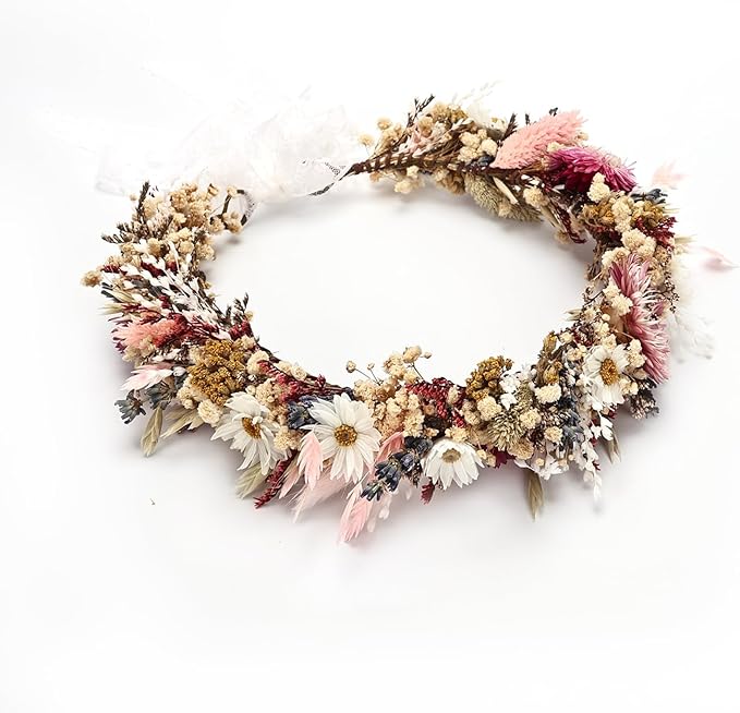 Rustic Preserved Dried Flower Crown Natural Floral Headband with Daisy Cream Mixed Flowers for Women Maternity Brides Bridesmaids Flower Girls Family Photography