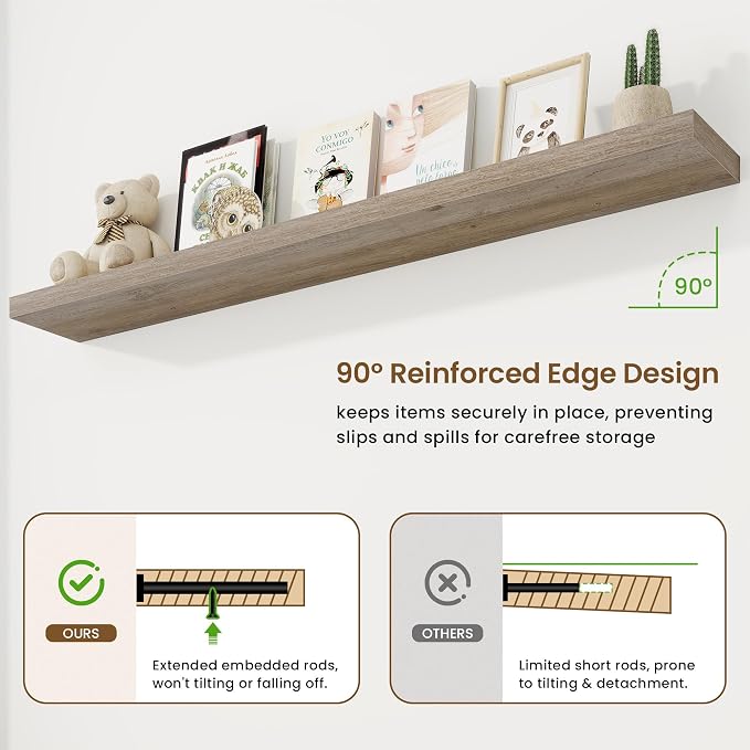 72in Floating Shelves for Wall, 72"W x 9.25"D x 1.5"H, Long Wall Mounted Engineered Wood Shelves with Invisible Brackets for Living Room, Bedroom, Bathroom, Kitchen Decor and Storage, Grey