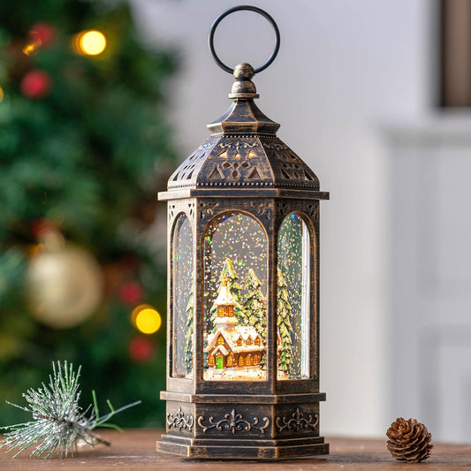 Christmas Snow Globe Lantern Lighted Church Musical Snow Water Lantern Swirling Glittering Home Decoration and Gift, Battery Operated or USB Powered