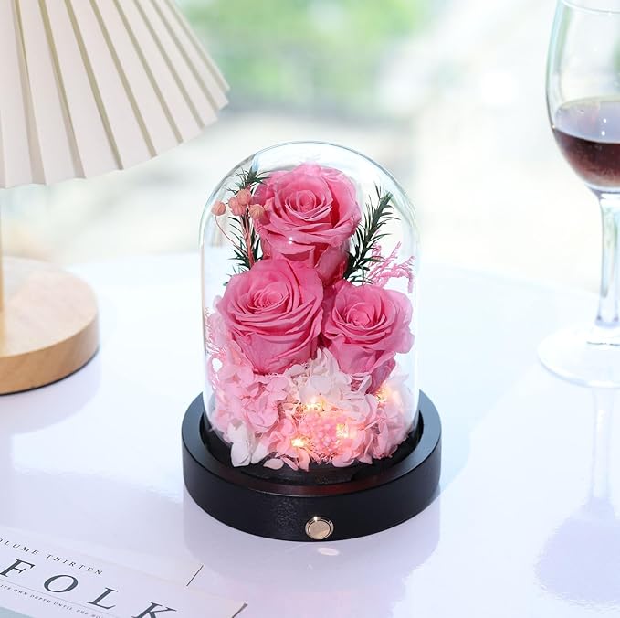 Forever Flowers Gifts for Women,Preserved Roses in Glass Dome, Eternal Flowers for Delivery Prime, Real Pink Roses,Anniversary Birthday Valentines Day Gifts for Wife Her