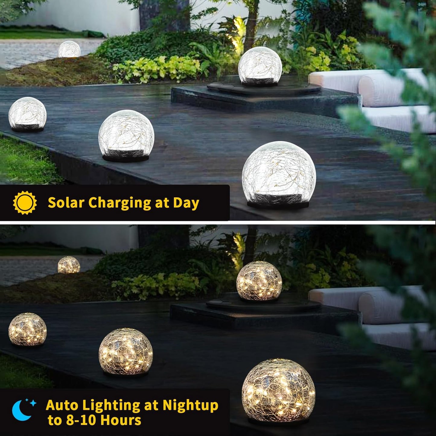 Garden Decoration, Cracked Glass Solar Globe Lights for Yard Pathway Patio Halloween Christmas Outside Decor,Warm White 2 Pack 50 LED(4.7”)