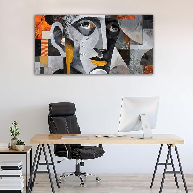 YDYSUNE Abstract Wall Art - geometric male portrait picture cubism Modern painting,face art canvas wall decor,grey artwork for living room,office Ready to Hang 20×40INCHS