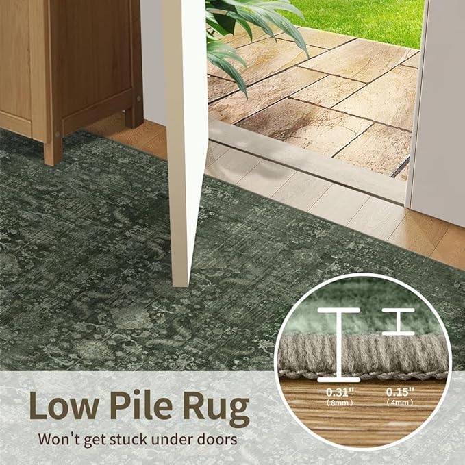 Rugxara 8x10 Area Rugs for Living Room Bedroom, Large Washable Rug, Green Vintage Floral Boho Rug, Non Slip & Low Pile Faux Wool Thin Carpet for Indoor Dining Room and Kids Room(Green 8x10ft)