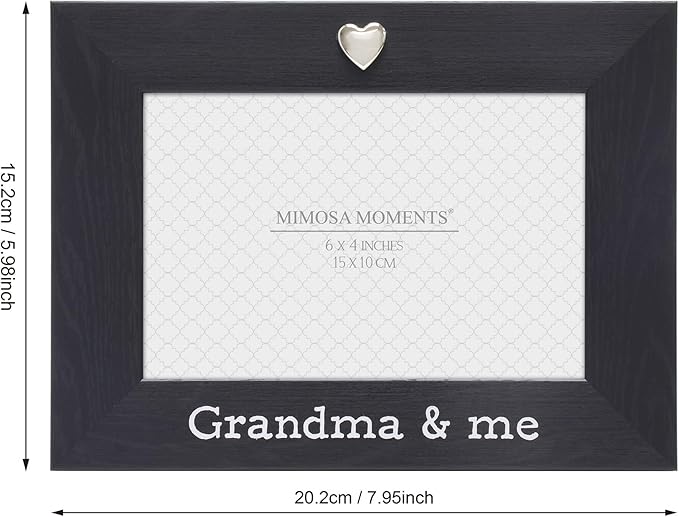 MIMOSA MOMENTS "Grandma & Me Black 4x6 Picture Frame with Silver Heart Ornament, Tabletop Display, Mother's Day Birthday Gift for Grandma from Granddaughter Grandson
