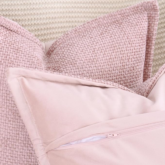 MADIZZ Decorative Chenille Velvet Throw Pillow Covers Set of 2 Soft Boho Textured Neutral Couch Throw Pillow for Bed Modern Farmhouse Home Decor for Sofa Livingroom Pink 16x16 Inch