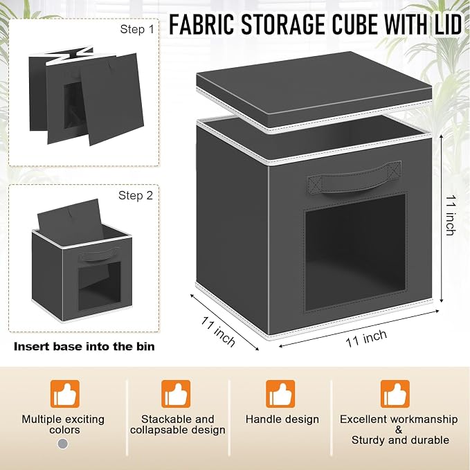 Threehoney 10 Pcs Fabric Storage Cubes with Lids and Clear Windows 11x11 Inch Foldable Closet Organizer Bins Aesthetic Dark Gray Storage Bins for Shelves Dorm Essentials Craft & Office Organization