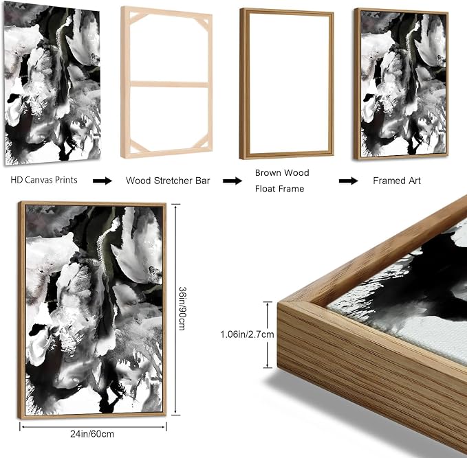 Large Abstract Wall Art for Living Room Natural Wood Float Framed Art Set of 3 Black and White Pictures Artwork Modernism Canvas Prints for Bedroom Kitchen Home Office Wall Decor 24"X36"X3