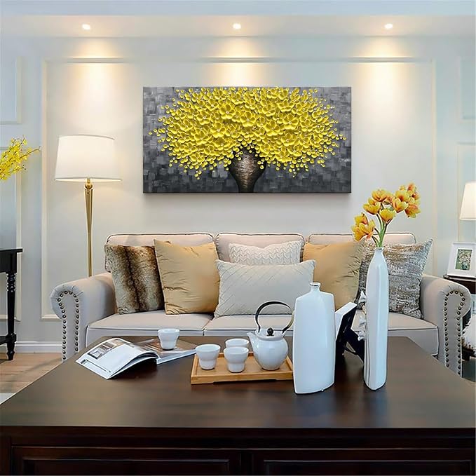 zoinart 3D Oil Painting on Canvas Yellow Flowers Modern Canvas Wall Art Home Decorations Floral Artwork Framed Wall Pictures Texture Contemporary Art Wall Decor
