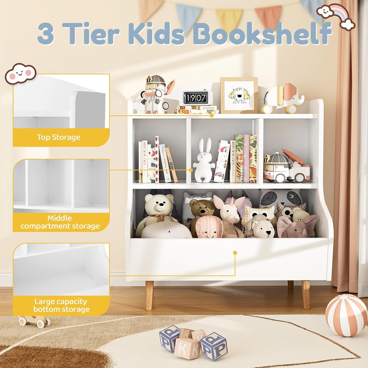 Toy Storage Organizer, 3 Tier Floor Standing Toddler Bookshelf with Legs, 5 Cube Kids Bookshelf and Toy Storage, Book Shelf for Kids Room, Living Room, Nursery, White