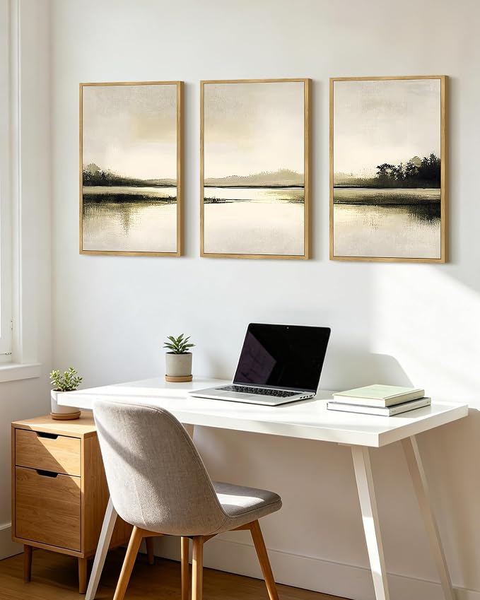 PHOPAGO Abstract Lake Landscape Framed Wall Art Large 16x24in Watercolor Nature Wilderness Paints Nordic Neutral Tan Illustration Decorative - Natural Framed