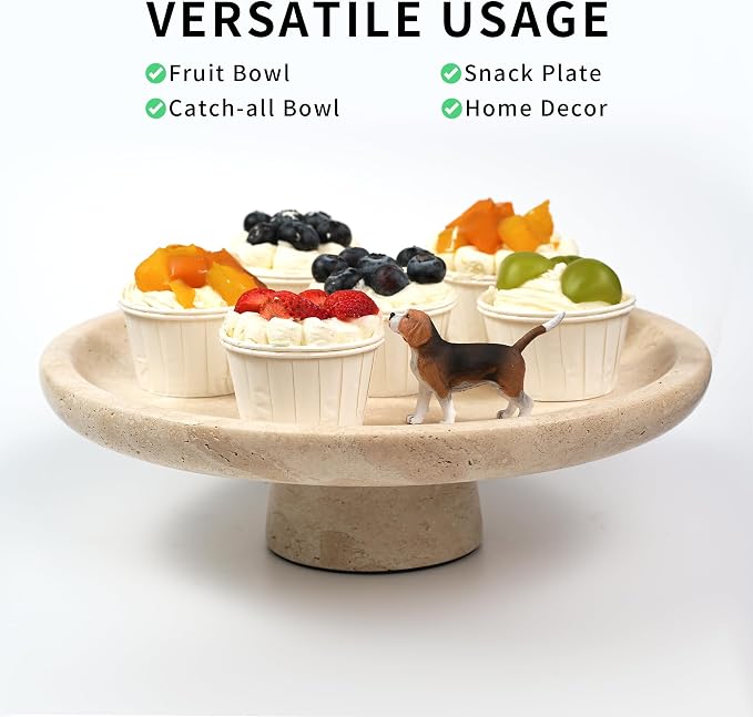 Marble Fruit Bowl for Kitchen - 11.8" Travertine Decorative Stone Pedestal Bowls for Home Decor, Footed Fruits Holder For Dining Table Counter Organization